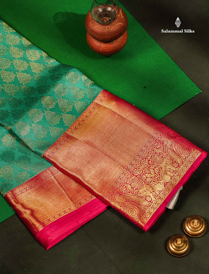 Beautiful Sapphire Green Bridal Pure Kanjivaram Silk Saree With Contrast Pink Traditional Evening Morning Border