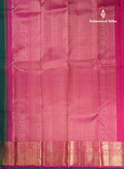 Beautiful Dual Tone Peacock Green Pure Kanjivaram Silk Saree With Contrast Pink Blouse
