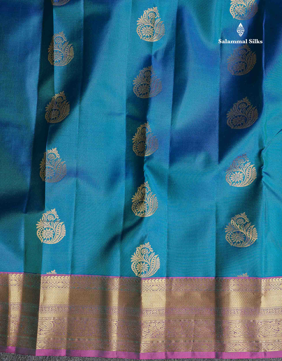 Pure Kanjivaram Silk Saree - Dual Tone Peacock Blue Colour Body With Traditional Border