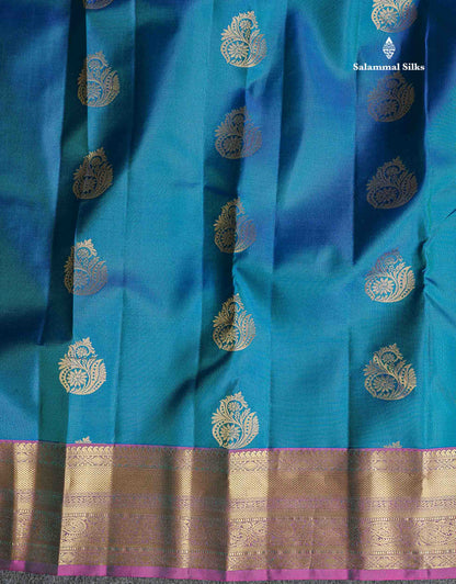 Pure Kanjivaram Silk Saree - Dual Tone Peacock Blue Colour Body With Traditional Border