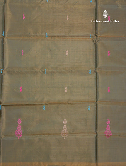 Olive Green Thread work Buttas Banana Pinth Saree (Vaazhainaar Pattu) With Contrast Pink Blouse