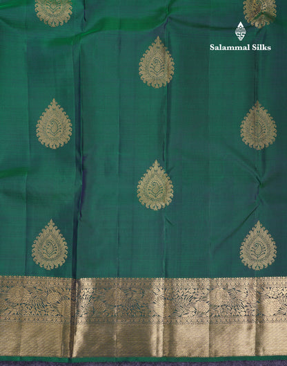 Beautiful Dual Tone Peacock Green Pure Kanjivaram Silk Saree With Contrast Pink Blouse