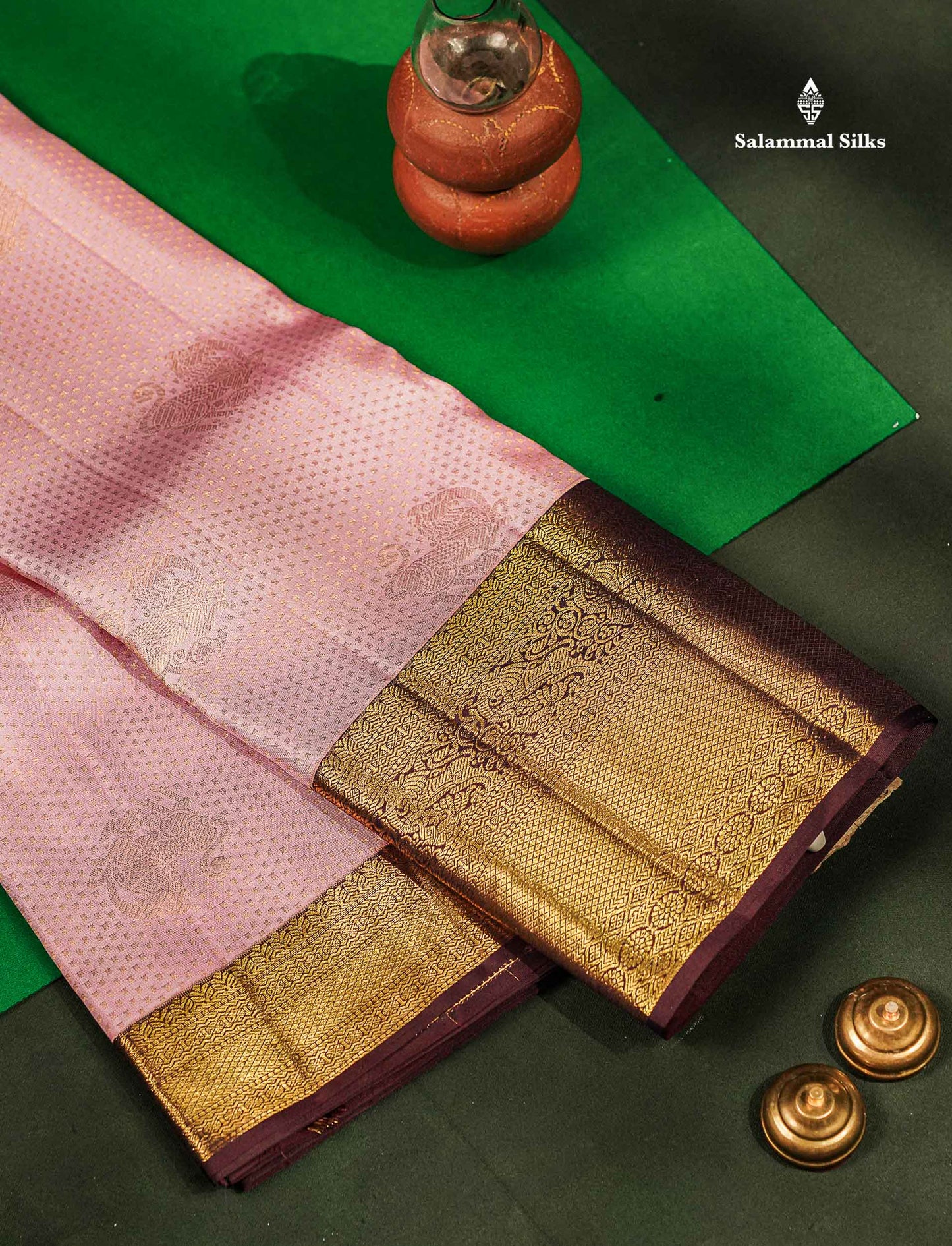 Beautiful Light Pink Bridal 2G Pure Kanjivaram Silk Saree With Contrast Dark Violet Traditional Evening Morning Border