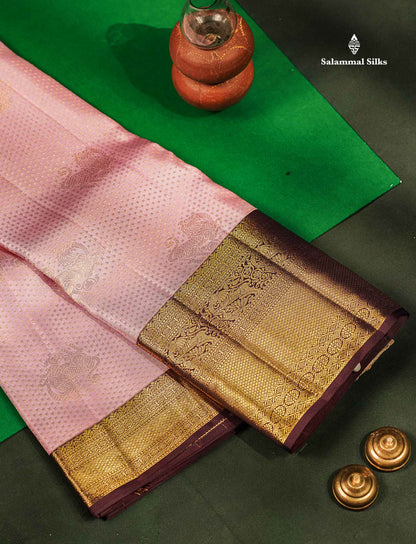 Beautiful Light Pink Bridal 2G Pure Kanjivaram Silk Saree With Contrast Dark Violet Traditional Evening Morning Border