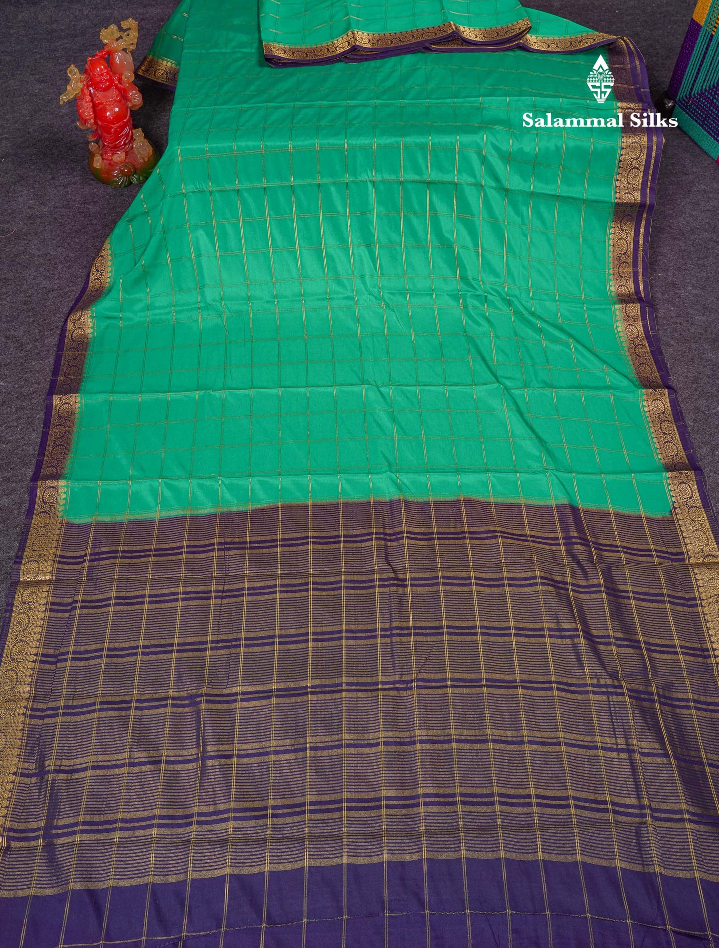Beautiful Chilly Red Zari Checks Semi Mysore Silk Saree With Contrast Green Small Traditional Border
