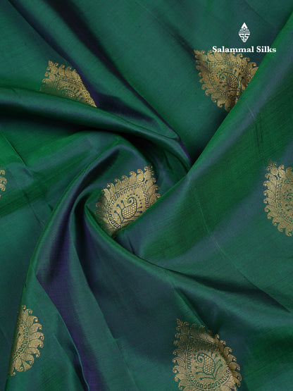 Beautiful Dual Tone Peacock Green Pure Kanjivaram Silk Saree With Contrast Pink Blouse