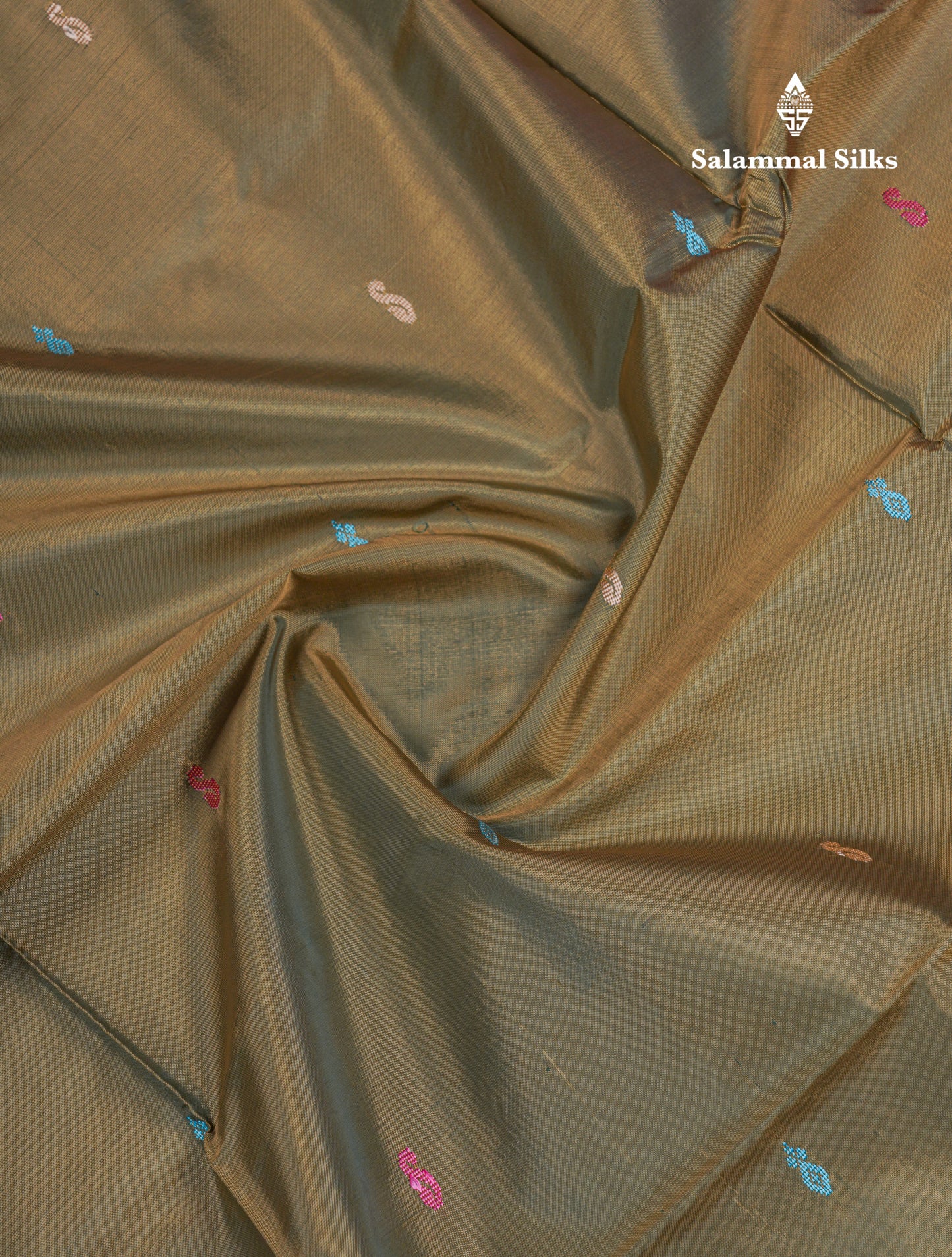 Olive Green Thread work Buttas Banana Pinth Saree (Vaazhainaar Pattu) With Contrast Pink Blouse