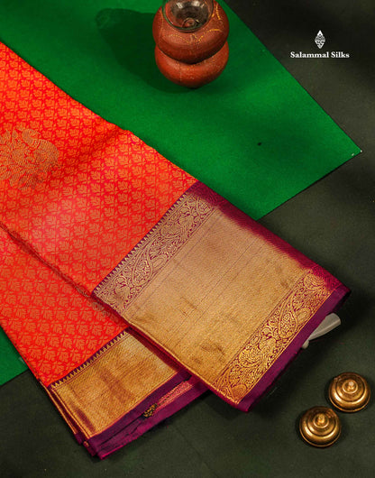 Pure Kanjivaram Silk Saree - Orange Colour Body With Magenta Traditional Evening Morning Border