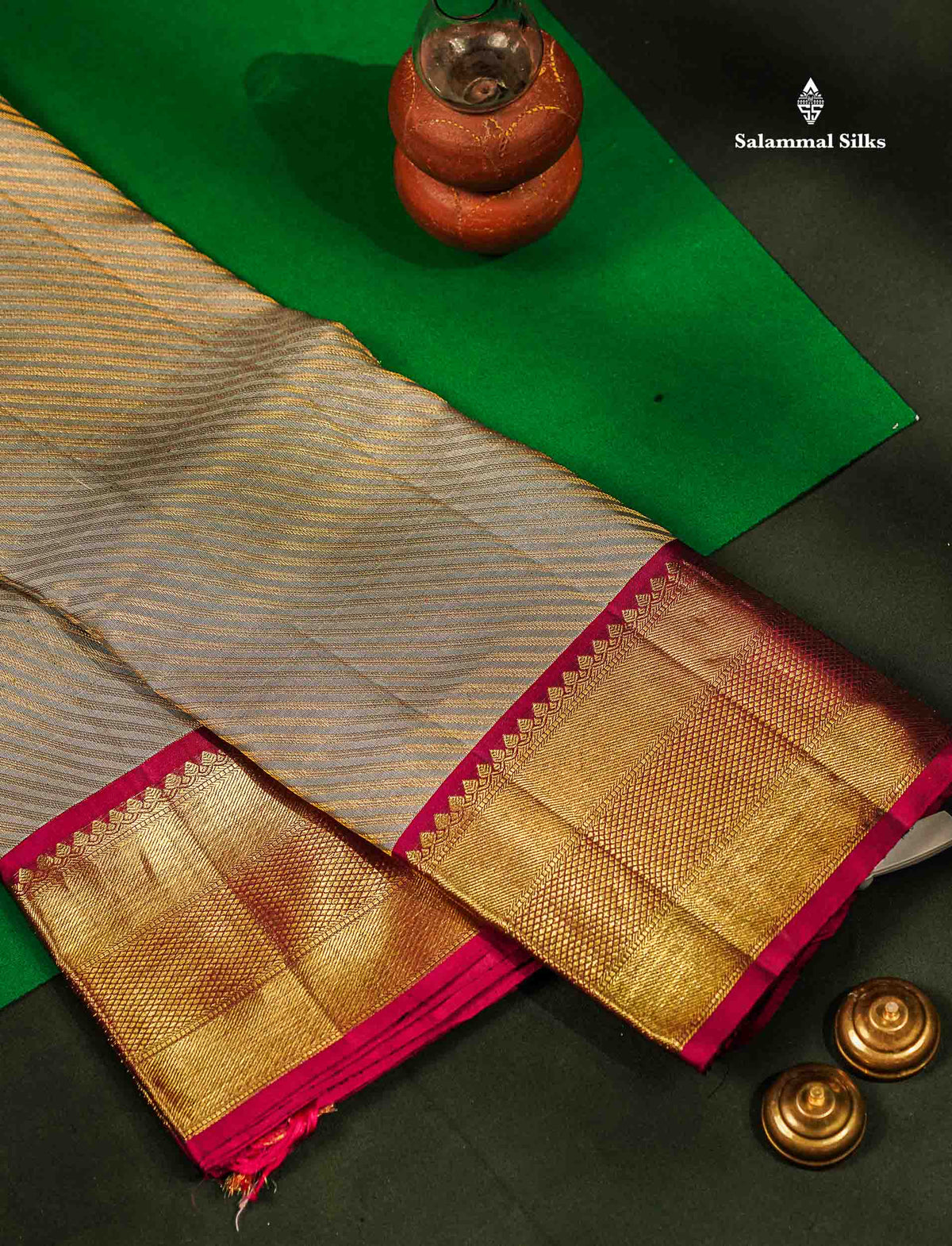 Bridal Pure Kanjivaram Silk Saree - Light Grey Colour Body With Magenta Border