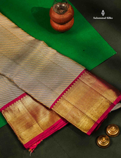 Bridal Pure Kanjivaram Silk Saree - Light Grey Colour Body With Magenta Border