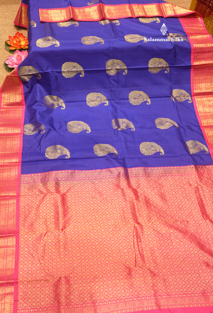 Royal Blue Colour Pure Kanjivaram Silk Saree With Pink Border