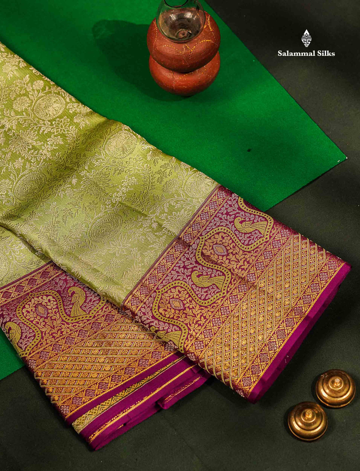 Beautiful Light Elaichi Green Bridal Pure Kanjivaram Silk Saree With Contrast Dark Purple Menakari Work Fancy Border