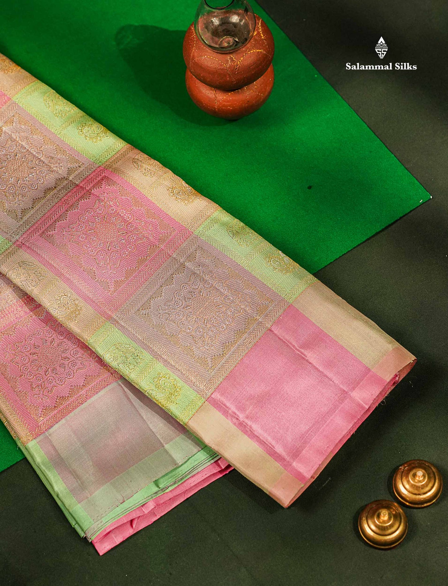 Pure Kanjivaram Silk Saree - Multicolour Big Checks With Traditional Buttas Along With Contrast Baby Pink Blouse