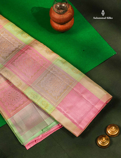 Pure Kanjivaram Silk Saree - Multicolour Big Checks With Traditional Buttas Along With Contrast Baby Pink Blouse