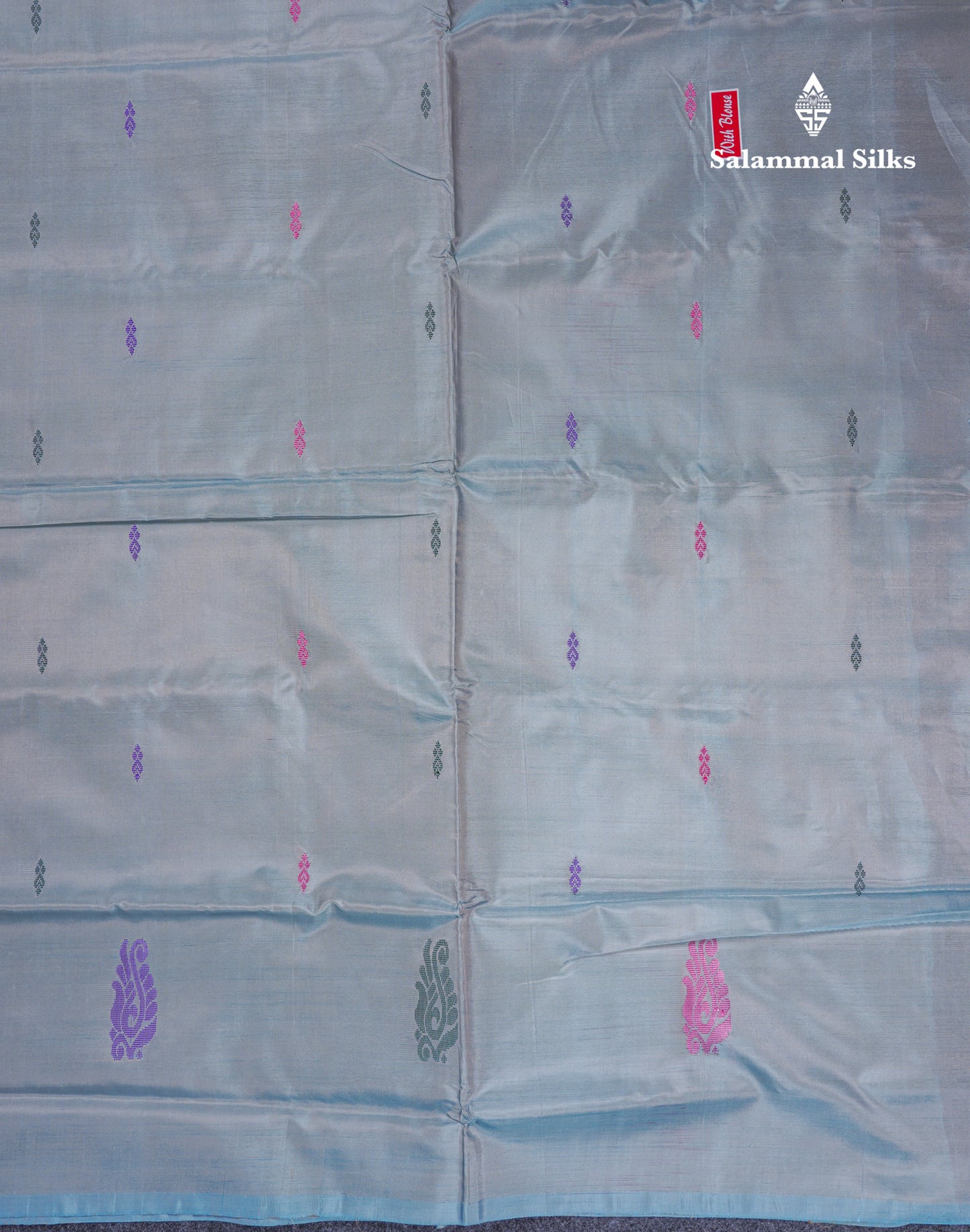 Dark Bottle Green Thread work Buttas Banana Pinth Saree (Vaazhainaar Pattu) With Contrast Pastel Blue Blouse