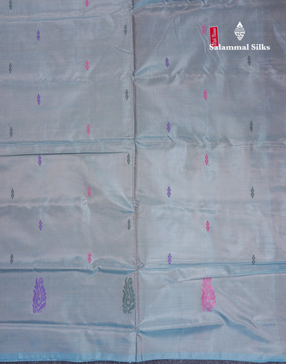 Dark Bottle Green Thread work Buttas Banana Pinth Saree (Vaazhainaar Pattu) With Contrast Pastel Blue Blouse