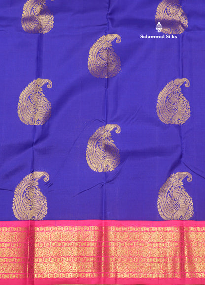 Royal Blue Colour Pure Kanjivaram Silk Saree With Pink Border