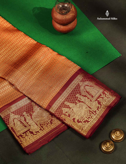 Beautiful Mustard Yellow Bridal Pure Kanjivaram Silk Saree With Contrast Maroon Traditional Pallakku Border