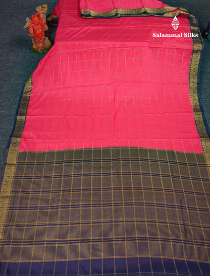 Beautiful Chilly Red Zari Checks Semi Mysore Silk Saree With Contrast Green Small Traditional Border