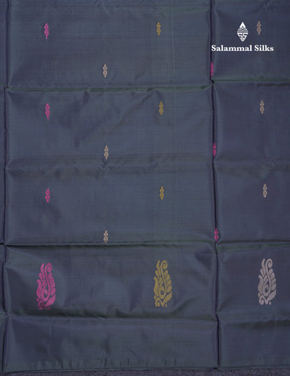 Dark Bottle Green Thread work Buttas Banana Pinth Saree (Vaazhainaar Pattu) With Contrast Pastel Blue Blouse