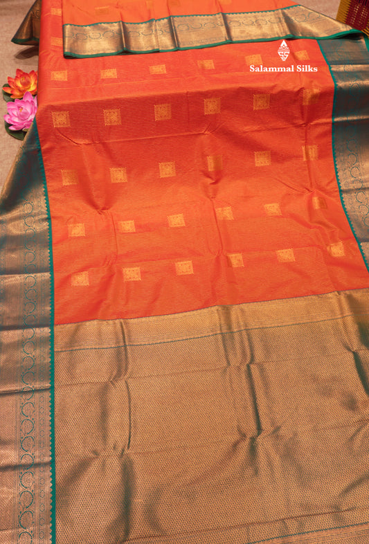 Orange Colour Zari Lines Semi Silk Saree With Saffire Green Border