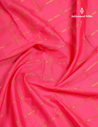 Beautiful Chilly Red Zari Checks Semi Mysore Silk Saree With Contrast Green Small Traditional Border