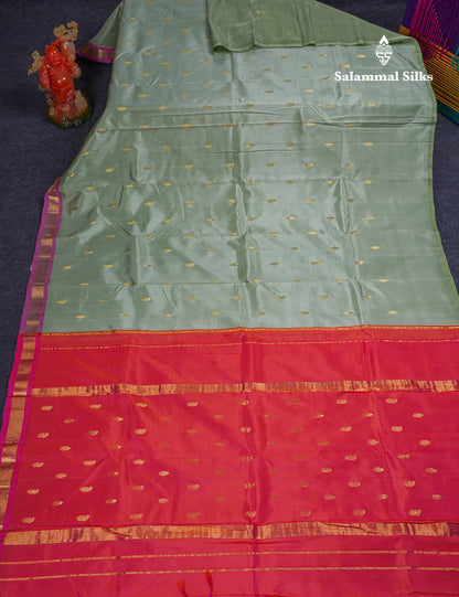 Beautiful Pista Green Pure Kanjivaram Silk Saree With Contrast Light Pink One Side Border