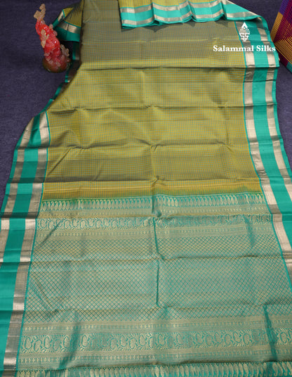 Beautiful Olive Green Pure Kanjivaram Silk Saree With Contrast Sapphire Green Traditional Gap Border