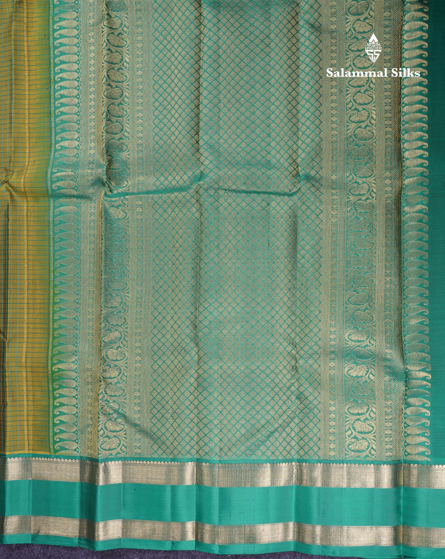 Beautiful Olive Green Pure Kanjivaram Silk Saree With Contrast Sapphire Green Traditional Gap Border