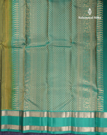Beautiful Olive Green Pure Kanjivaram Silk Saree With Contrast Sapphire Green Traditional Gap Border