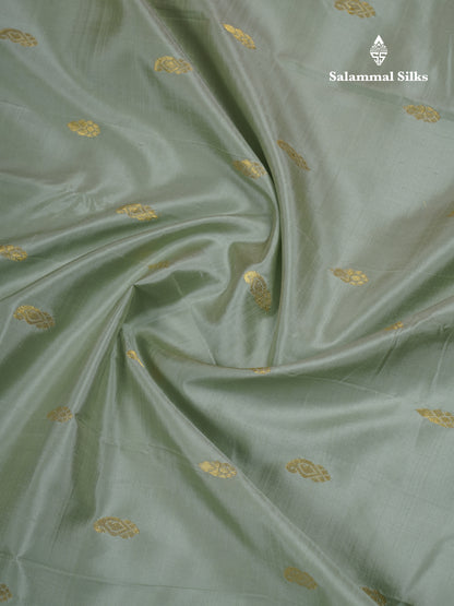 Beautiful Pista Green Pure Kanjivaram Silk Saree With Contrast Light Pink One Side Border