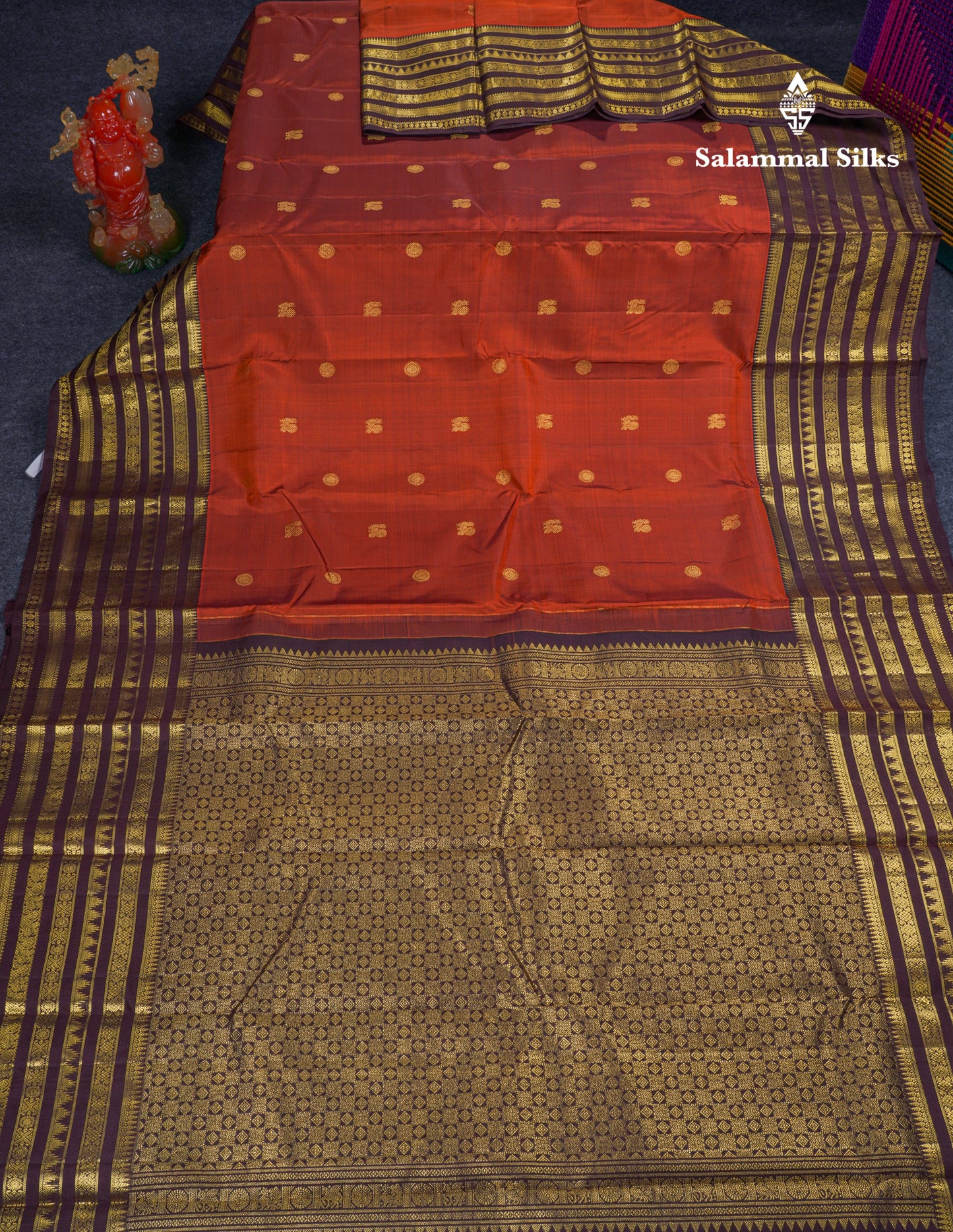 Beautiful Rust Orange Pure Kanjivaram Silk Saree With Contrast Dark Brown Traditional Long Border