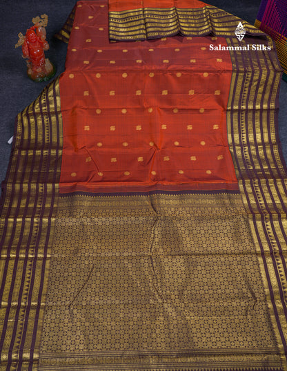 Beautiful Rust Orange Pure Kanjivaram Silk Saree With Contrast Dark Brown Traditional Long Border