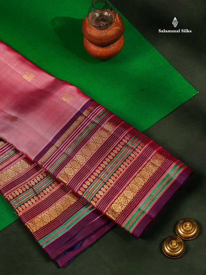 Pure Kanjivaram Silk Saree - Light Pink Zari Butta Along With Contrast Magenta Traditional Long Border