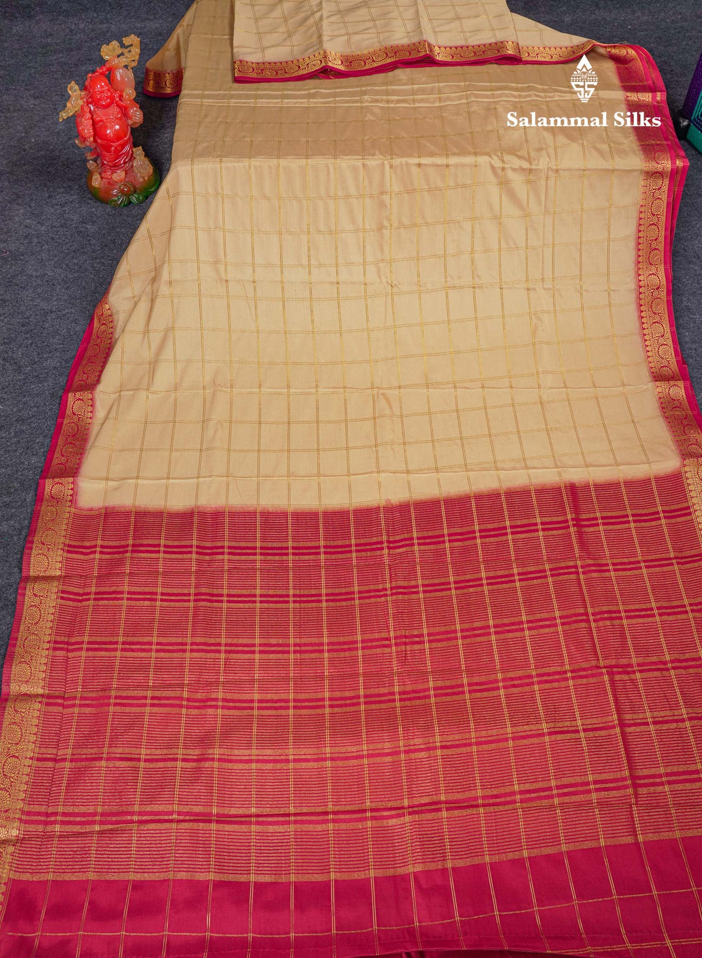 Beautiful Chilly Red Zari Checks Semi Mysore Silk Saree With Contrast Green Small Traditional Border