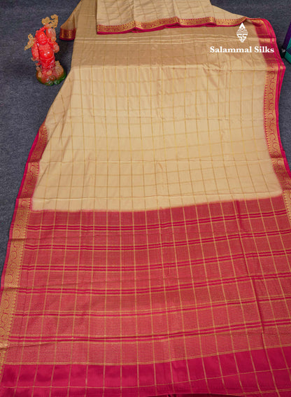 Beautiful Chilly Red Zari Checks Semi Mysore Silk Saree With Contrast Green Small Traditional Border