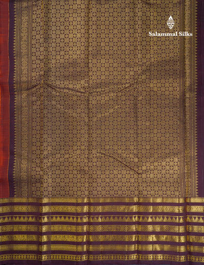 Beautiful Rust Orange Pure Kanjivaram Silk Saree With Contrast Dark Brown Traditional Long Border