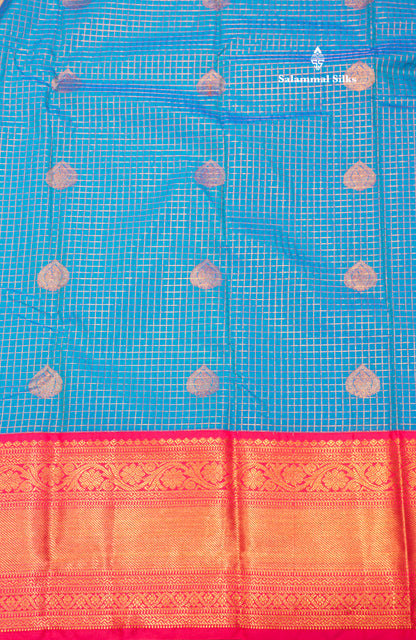 Blue Colour Small Checks Semi Silk Saree With Pink Border