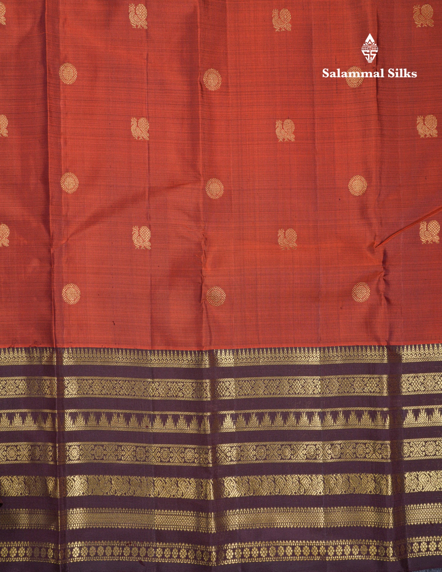 Beautiful Rust Orange Pure Kanjivaram Silk Saree With Contrast Dark Brown Traditional Long Border