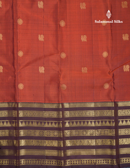 Beautiful Rust Orange Pure Kanjivaram Silk Saree With Contrast Dark Brown Traditional Long Border