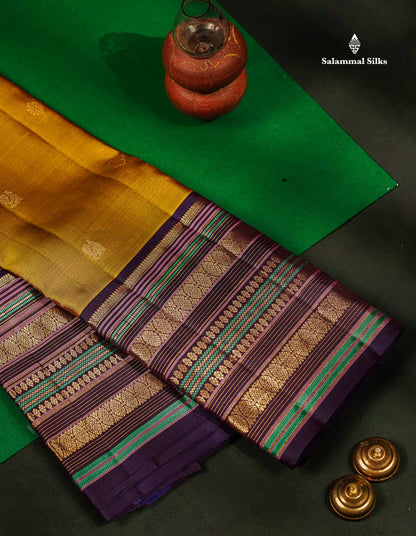 Pure Kanjivaram Silk Saree - Olive Mustard Yellow Zari Butta Along With Contrast Dark Purple Traditional Long Border