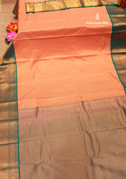 Peach Colour Vaira Oosi Semi Silk Saree With Saffire Green Border