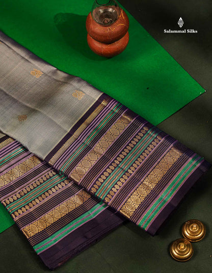 Pure Kanjivaram Silk Saree - Grey White Zari Butta Along With Contrast Dark Purple Traditional Long Border