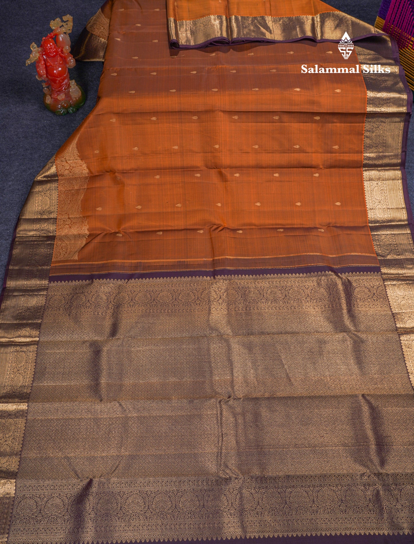 Beautiful Rust Orange Pure Kanjivaram Silk Saree With Contrast Dark Brown Traditional & Turning Border