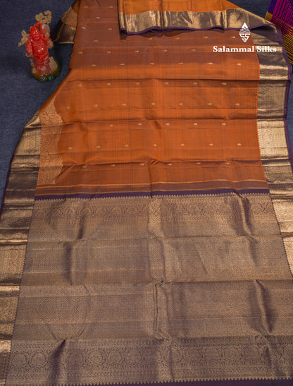 Beautiful Rust Orange Pure Kanjivaram Silk Saree With Contrast Dark Brown Traditional & Turning Border