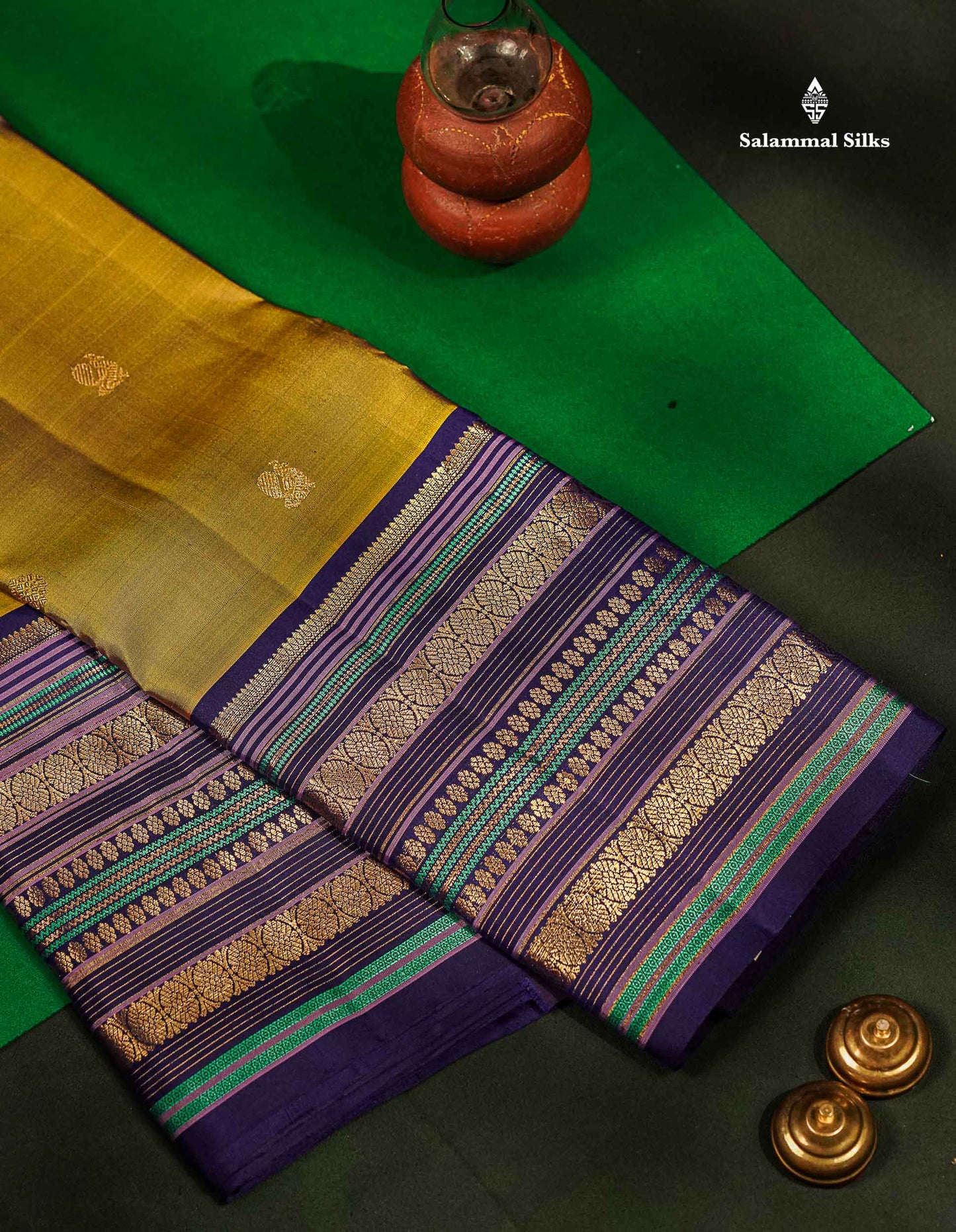Pure Kanjivaram Silk Saree - Olive Green Zari Butta Along With Contrast Dual Tone Navy Blue Traditional Long Border