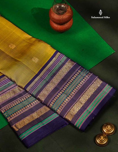 Pure Kanjivaram Silk Saree - Olive Green Zari Butta Along With Contrast Dual Tone Navy Blue Traditional Long Border