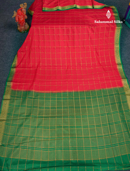 Beautiful Chilly Red Zari Checks Semi Mysore Silk Saree With Contrast Green Small Traditional Border