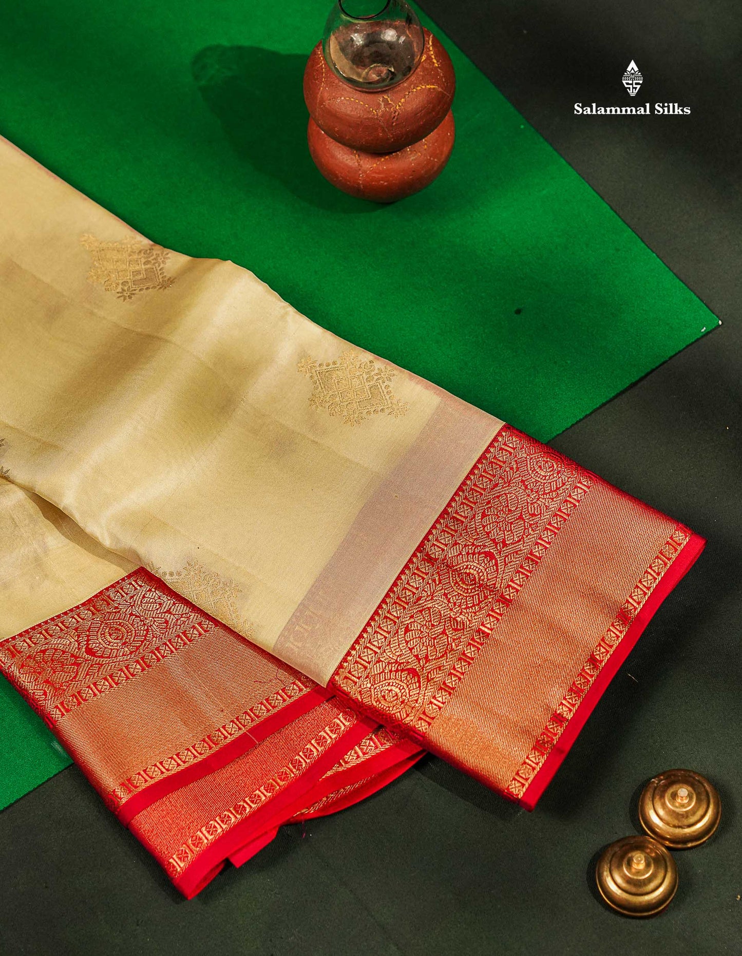 Beautiful Half White Zari Butta PureMix Silk Saree With Contrast Red Traditional Border