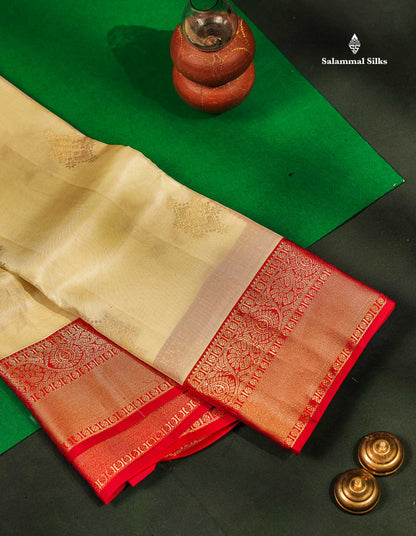 Beautiful Half White Zari Butta PureMix Silk Saree With Contrast Red Traditional Border